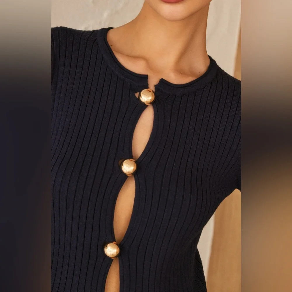 Commense Navy Ribbed Button-Front Long Sleeve Top - Picture 3 of 5